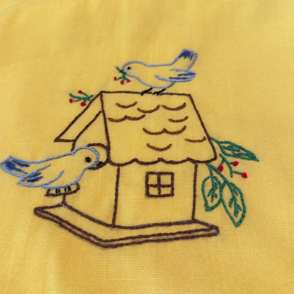 Vintage Style Yellow Birdhouse Embroidered Table Runner Reversible Red 48x15